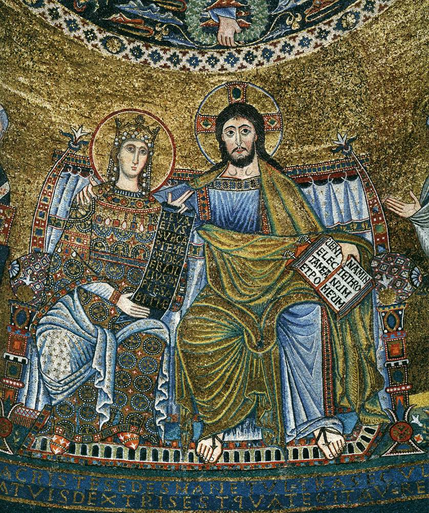 Byzantine-style gold mosaic showing Christ enthroned beside a crowned Mary, his arm around her shoulder, both holding inscribed scrolls, with an inscription running along the bottom border.