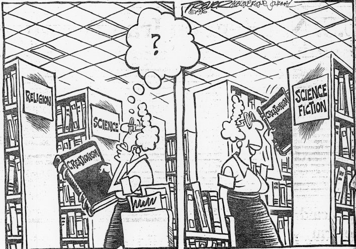 Two-panel cartoon: a librarian in the Religion/Science section holds a book titled "Creationism" with a thought-bubble question mark, then in the second panel shelves it in the "Science Fiction" section instead.