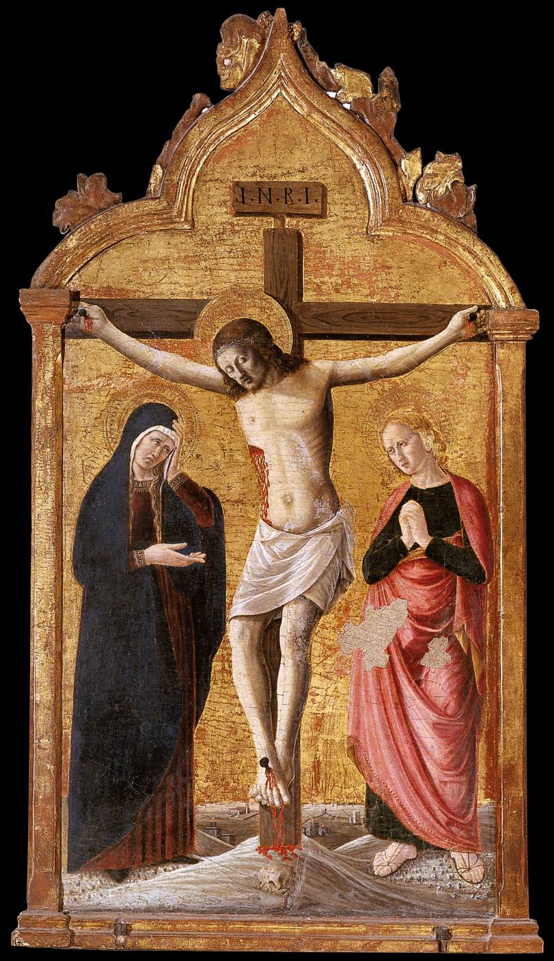 A gold-ground Gothic altarpiece panel depicting the Crucifixion, with Christ on the cross beneath an 