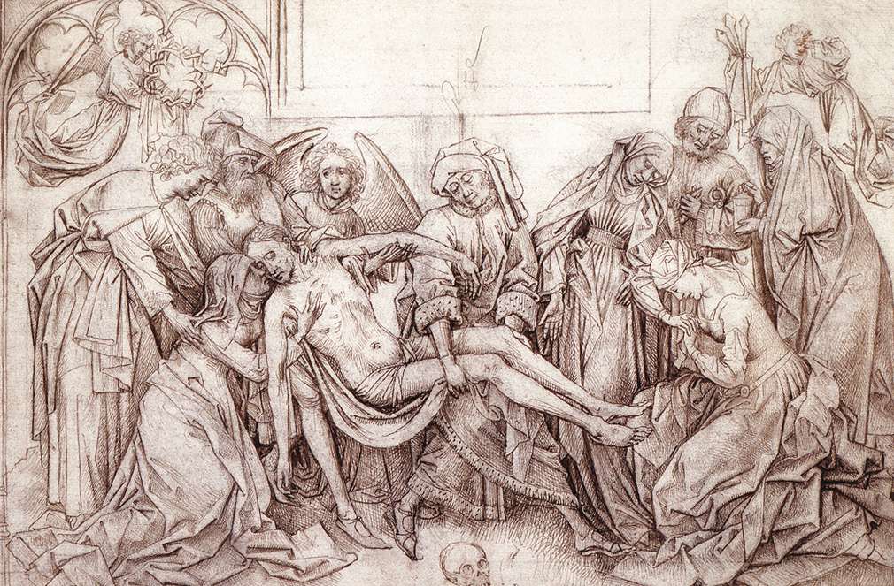 A sepia pen-and-ink drawing of the Deposition/Lamentation, showing Christ's limp body being lowered and supported by numerous grieving haloed and un-haloed figures, with a skull at the foot of the cross and Gothic architectural tracery in the upper corners.