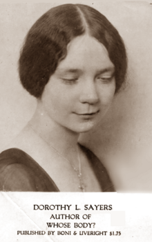 Black-and-white photographic portrait card of a young woman with bobbed hair, head tilted down, captioned below the image