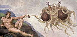 Illustration parodying Michelangelo's 