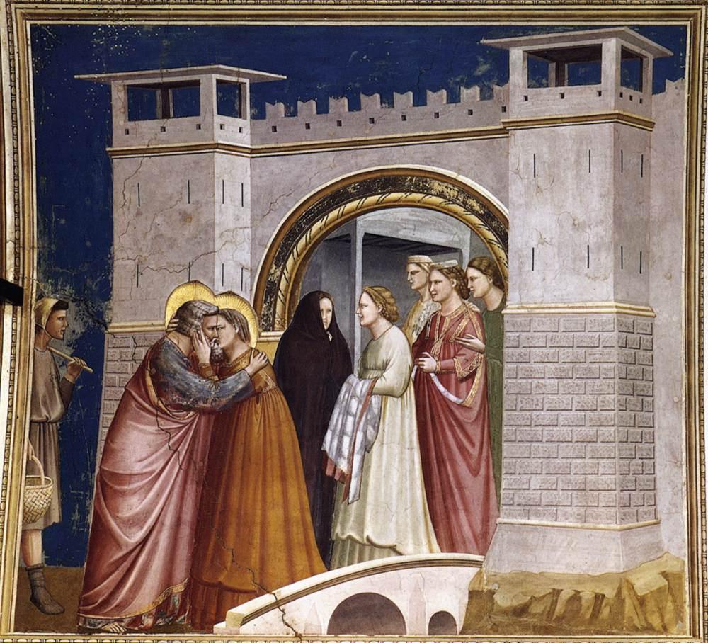Fresco from the Arena Chapel in Padua attributed to Giotto, showing Joachim and Anna embracing before the golden gate of Jerusalem, surrounded by attendant women and a shepherd boy playing a pipe.