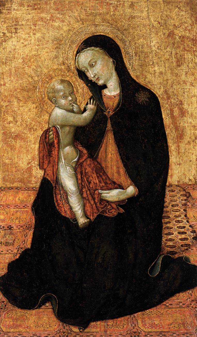 A gold-ground tempera panel painting of the Madonna and Child, showing a haloed Virgin Mary in a dark cloak seated on a patterned cushion, cradling and gazing down at the Christ Child, who reaches toward her face.
