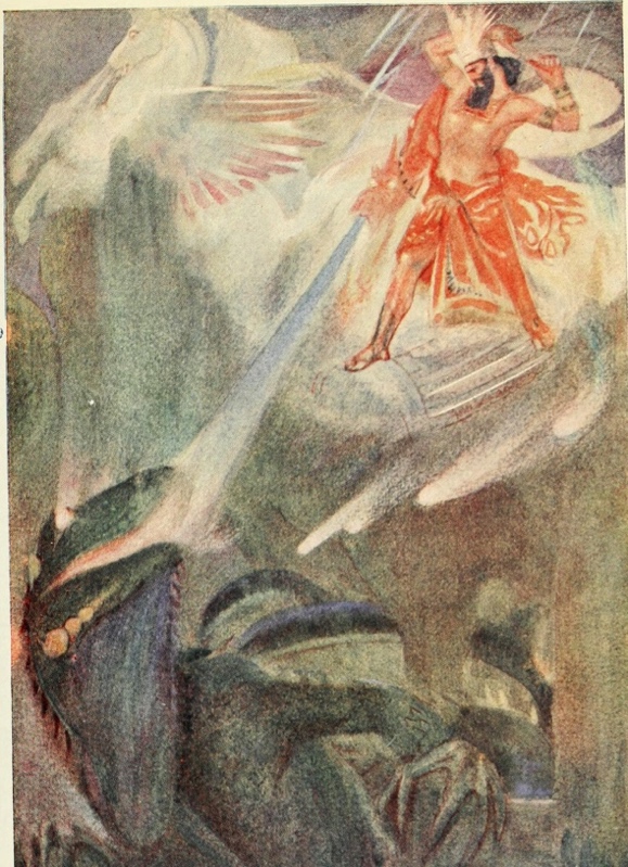 Illustration of a warrior god riding a winged mount and hurling a bolt of light down at a serpentine dragon below, illustrating Marduk's defeat of the chaos-dragon Tiamat.