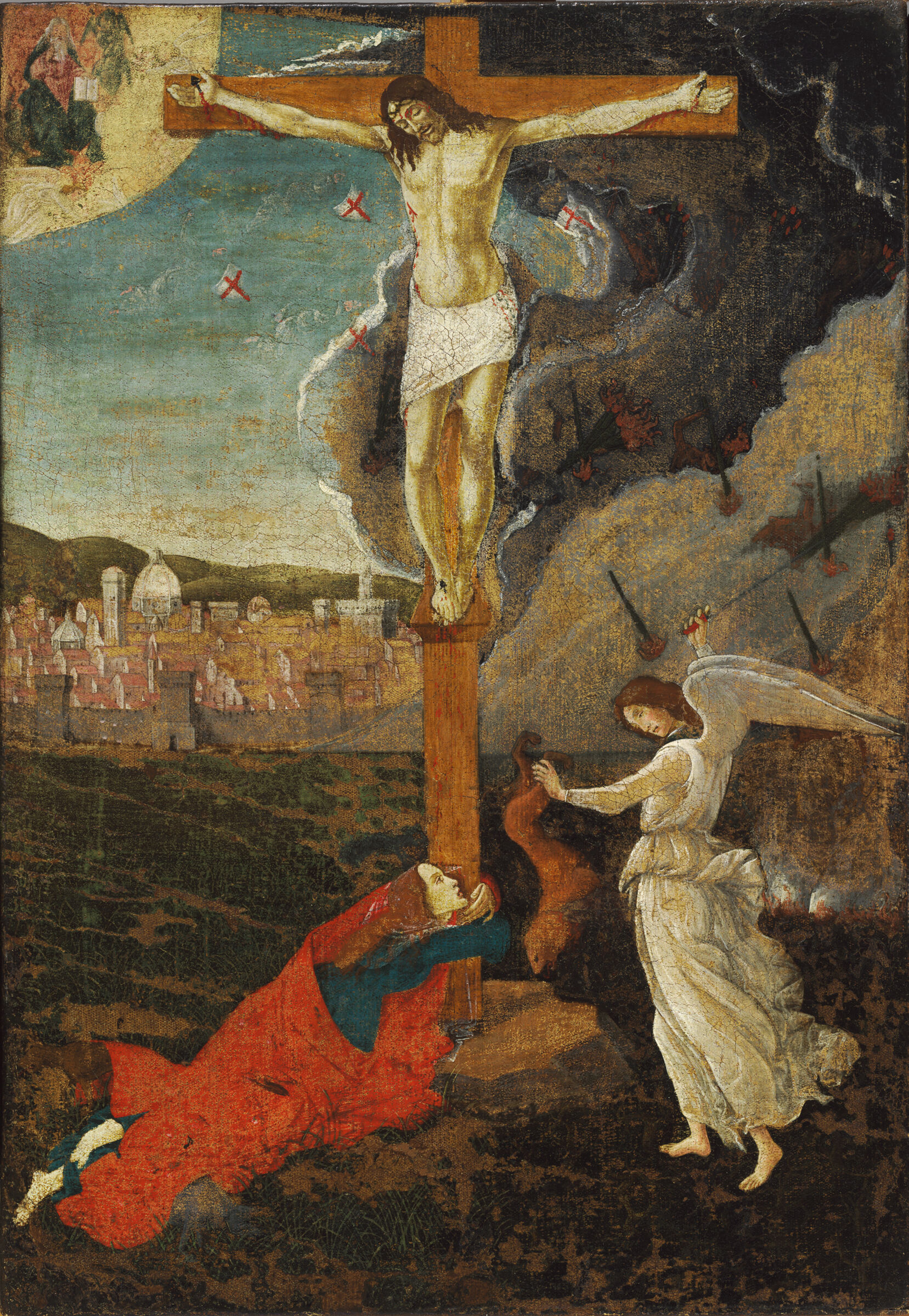 Painting of the Crucifixion showing Christ on the cross with a woman, identifiable as Mary Magdalene, embracing its base; a white-robed angel gripping an upside-down fox by the tail; small shields marked with red X's scattered in the clouds; and a walled city in the distant landscape.
