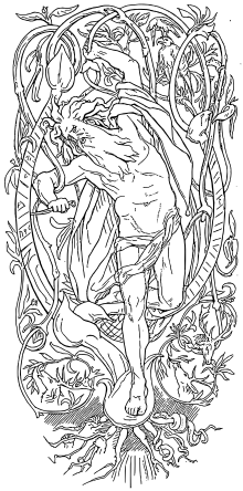 Line drawing of Odin hanging upside-down among the branches of Yggdrasil, the World Tree, illustrating his self-sacrifice to gain the secret of the runes.