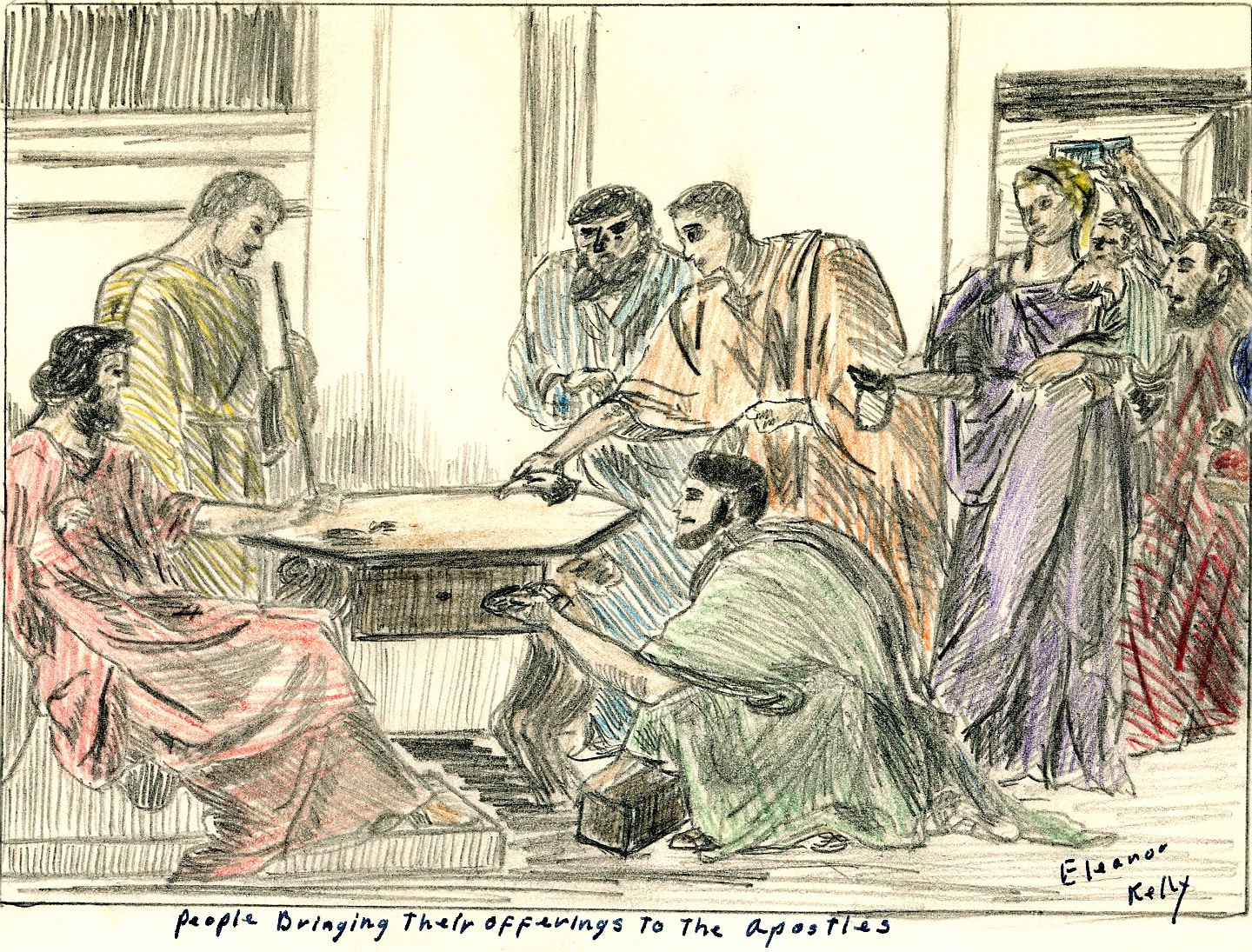 Eleanor Kelly's illustration, "People Bringing Their Offerings To The Apostles"