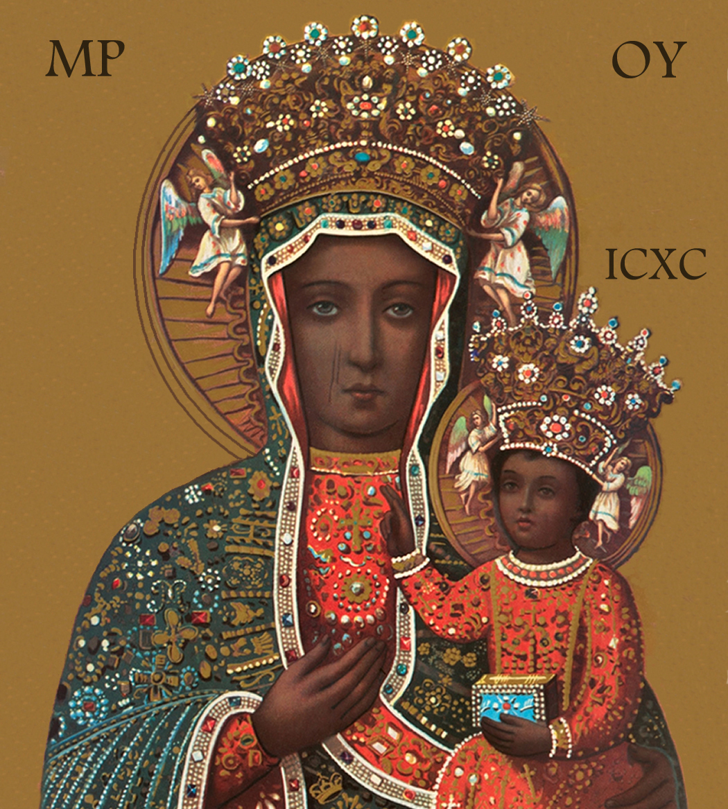 Icon of a crowned Madonna and Child in bejeweled robes, each with a halo containing small angel figures, labeled with the Greek abbreviations 