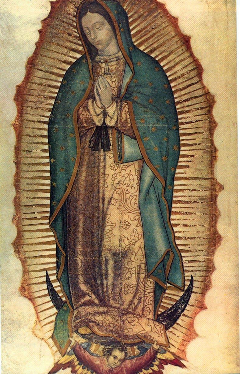 The image of Our Lady of Guadalupe: a standing woman with downcast eyes and hands clasped in prayer, wearing a star-patterned teal mantle over a rose-and-gold patterned gown, surrounded by radiating golden rays, standing on a crescent moon supported by a winged angel figure below.