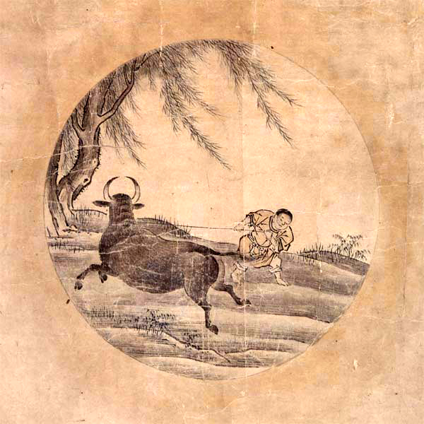 One of the Ten Ox-Herding Pictures by Jitoku: a monochrome ink painting of a herdsman pulling a resisting dark ox by a rope, beneath a willow tree, in a circular frame.