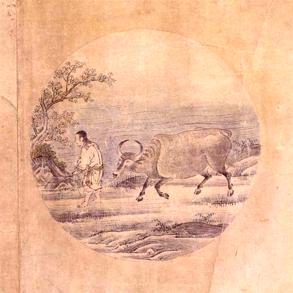 One of the Ten Ox-Herding Pictures by Jitoku: a monochrome ink painting of a herdsman walking beside a dark ox beneath a tree, in a circular frame.