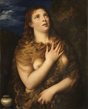 A half-length painting shows a woman with long wavy hair covering her nude torso, one hand pressed to her chest, looking upward against a cloudy sky, with a small covered jar beside her.