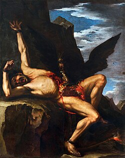 Painting of a winged figure chained and reclining across rocks in a mountainous setting, illustrating Prometheus bound and tormented after being punished by Zeus.