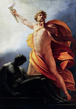 Classical painting of Prometheus holding a lit torch aloft beside a seated, darkened figure, illustrating Prometheus bringing the gift of fire to humanity.