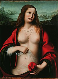 A half-length painting shows a bare-chested woman with wavy auburn hair and a gold necklace, a red cloak over one shoulder, holding a white cloth, against a distant mountain landscape.