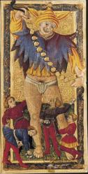 Hand-painted tarot card on a gold background showing a winged, haloed figure suspended upside down above two men in medieval tunics.