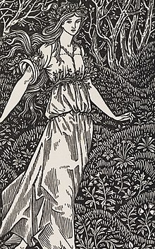 Black-and-white woodcut illustration of a young woman with long flowing hair and a wreath on her head, standing in a wooded clearing among brambles and trees.