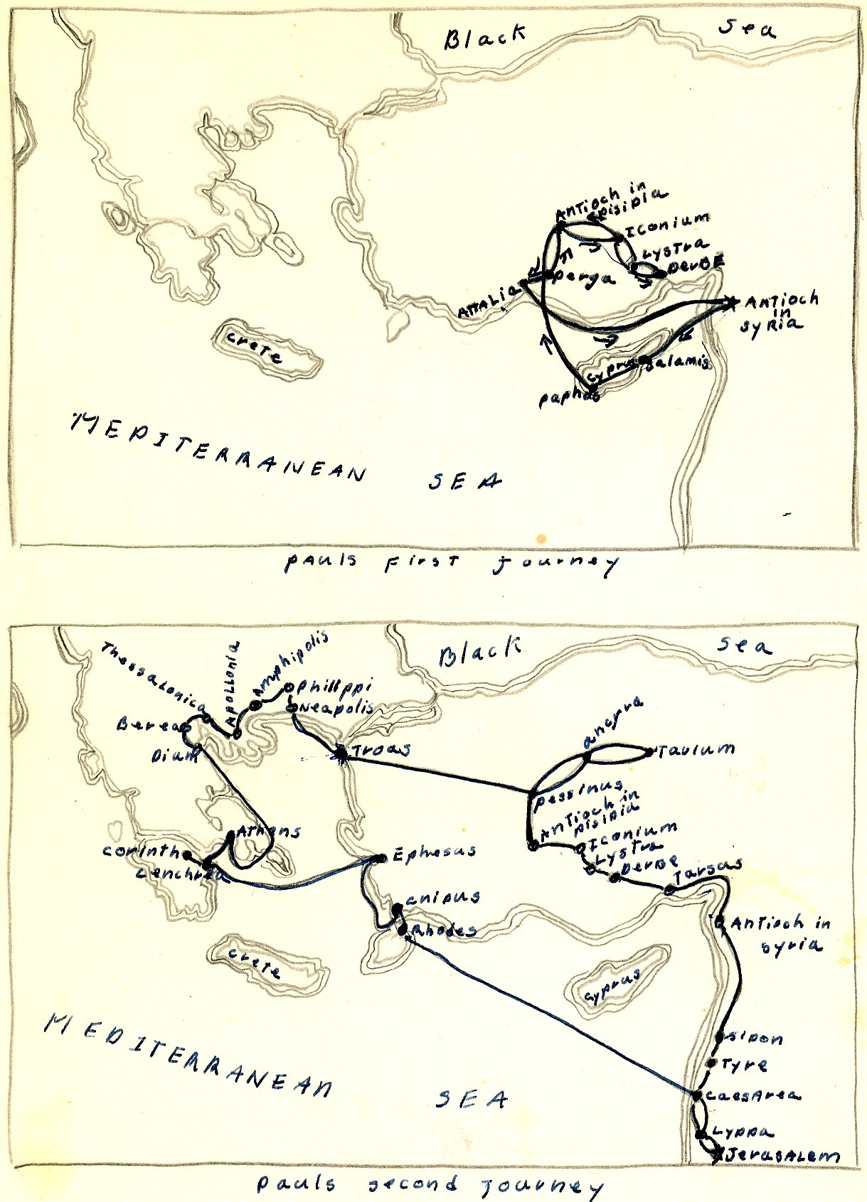 Hand-drawn map of Paul's first and second missionary journeys