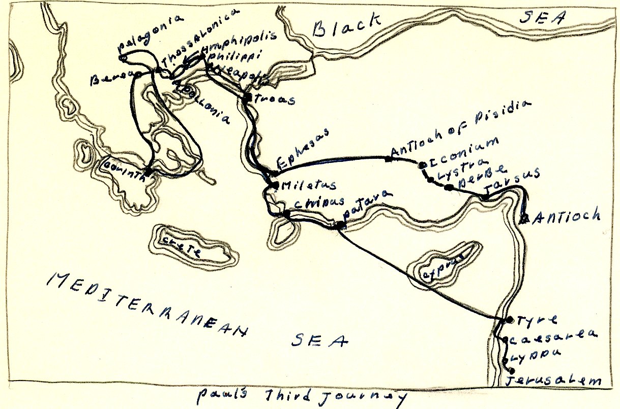 Hand-drawn map of Paul's third missionary journey